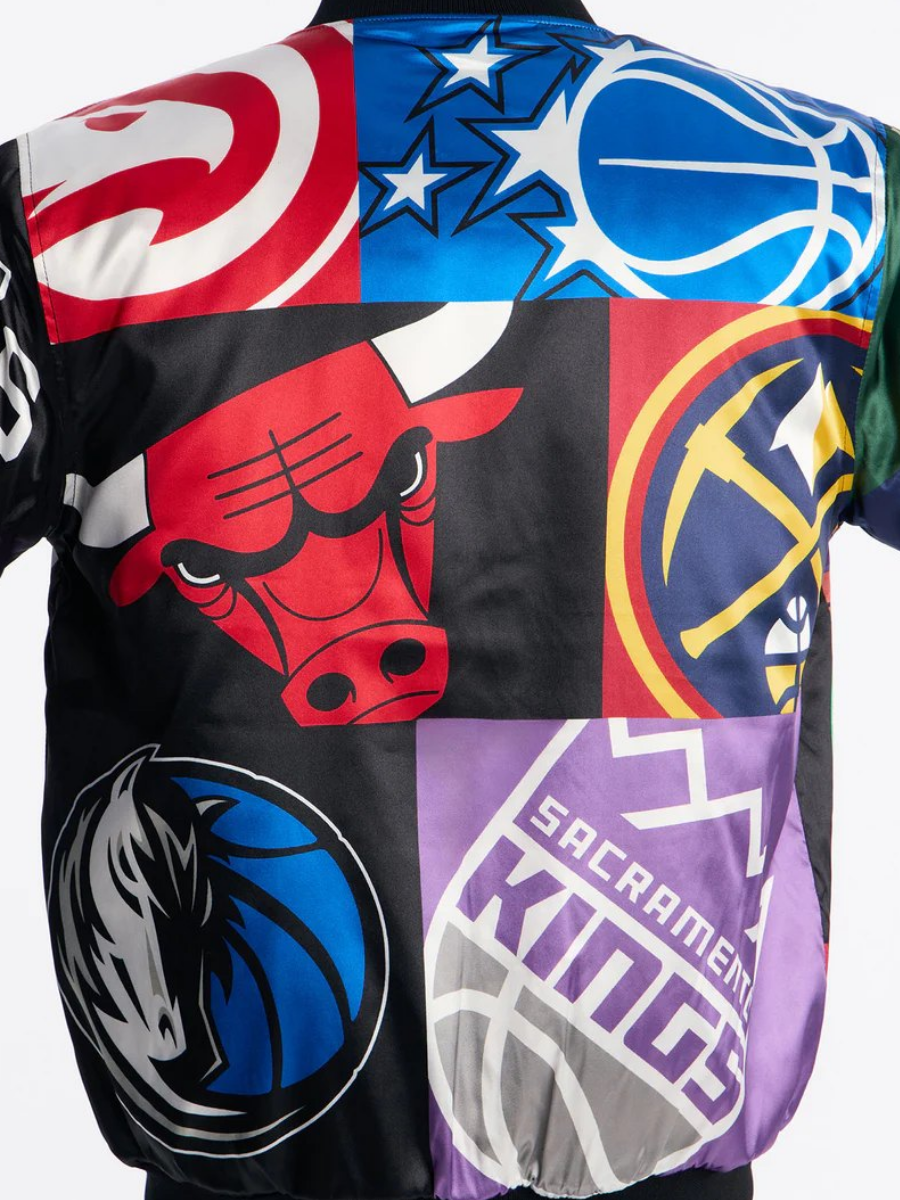 Team Patchwork Satin Bomber Jacket - Black