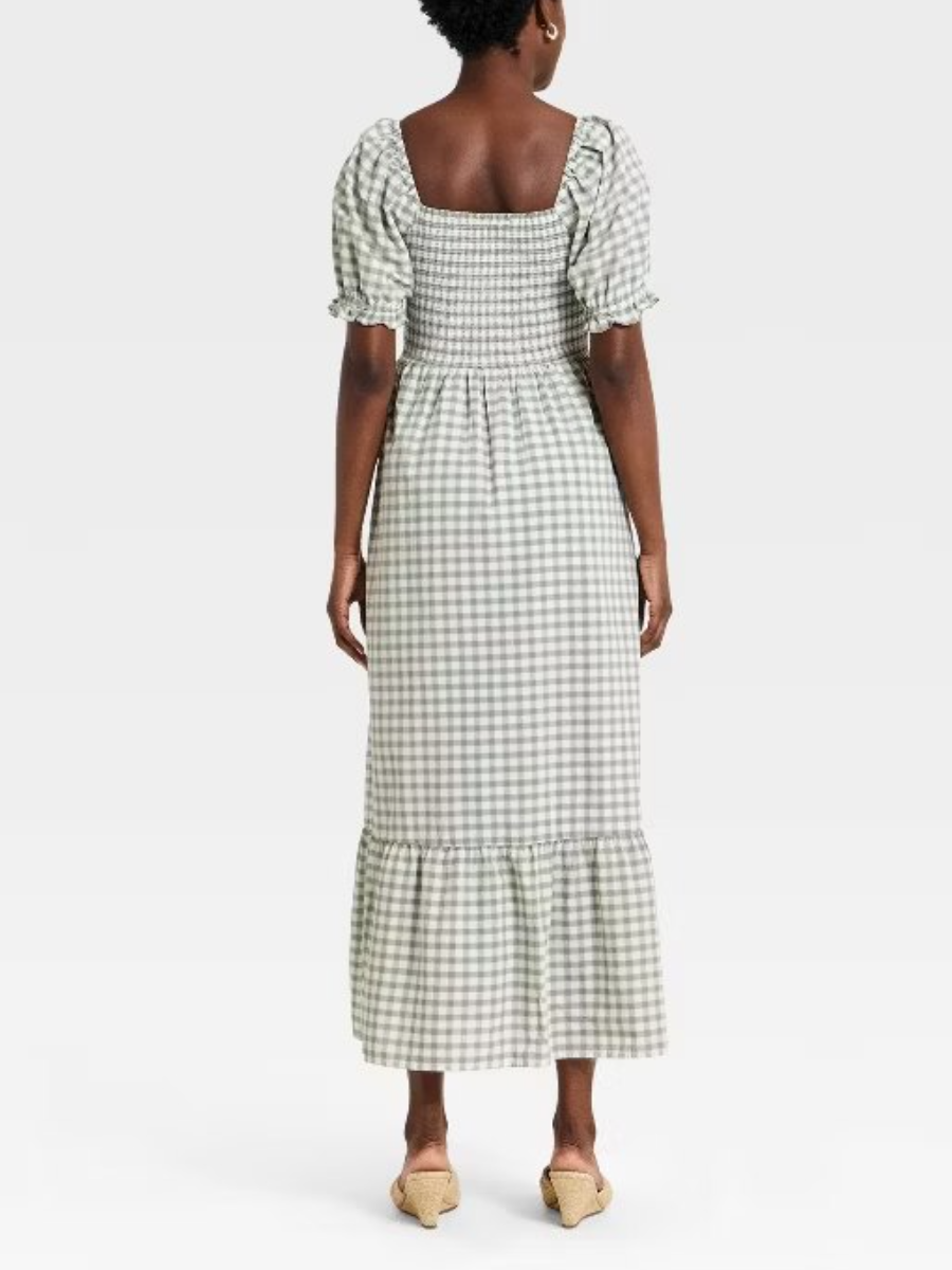 Western Puff Short Sleeve Smocked Midi A-Line Dress