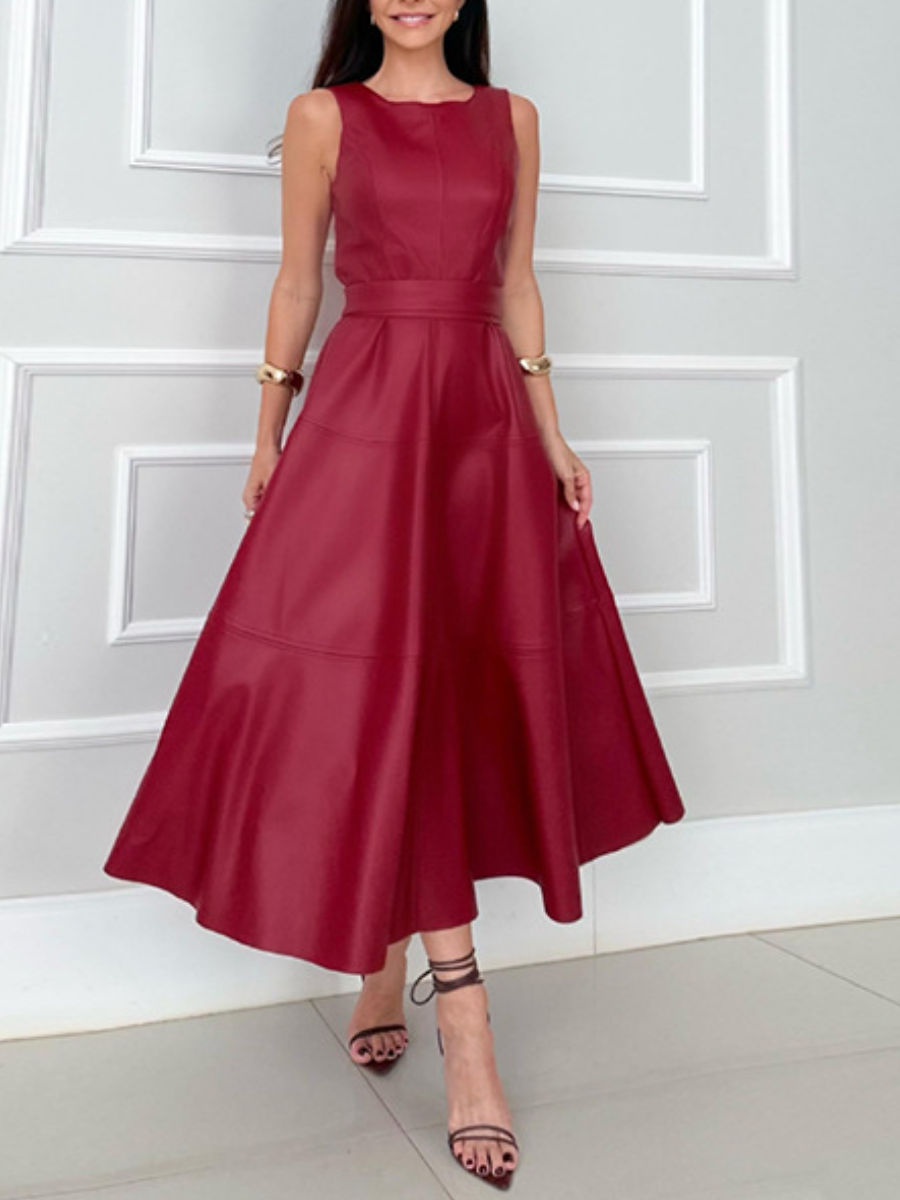 Sleeveless Faux Leather Waist-Cinch Midi Dress