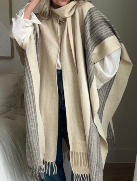 Oversized Colorblock Fringe Shawl Wrap