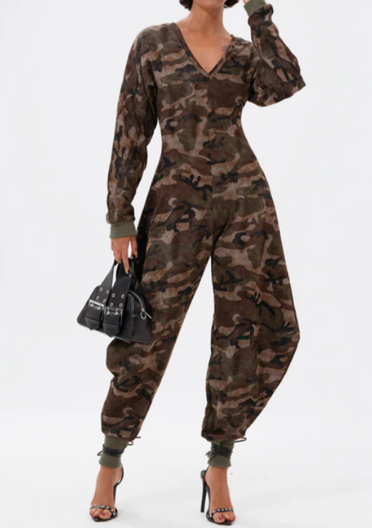 Camo V-Neck Long Sleeve Jumpsuit