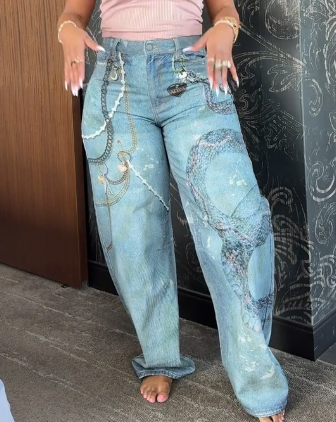 High-Waisted Graphic Wide Leg Jeans