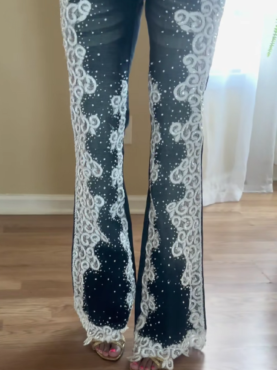 Embellished Lace-Detail Flare Jeans