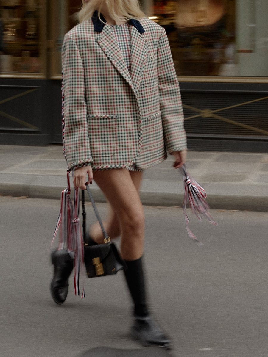 Plaid Tailored Blazer with Ribbon Lace-Up Sleeves