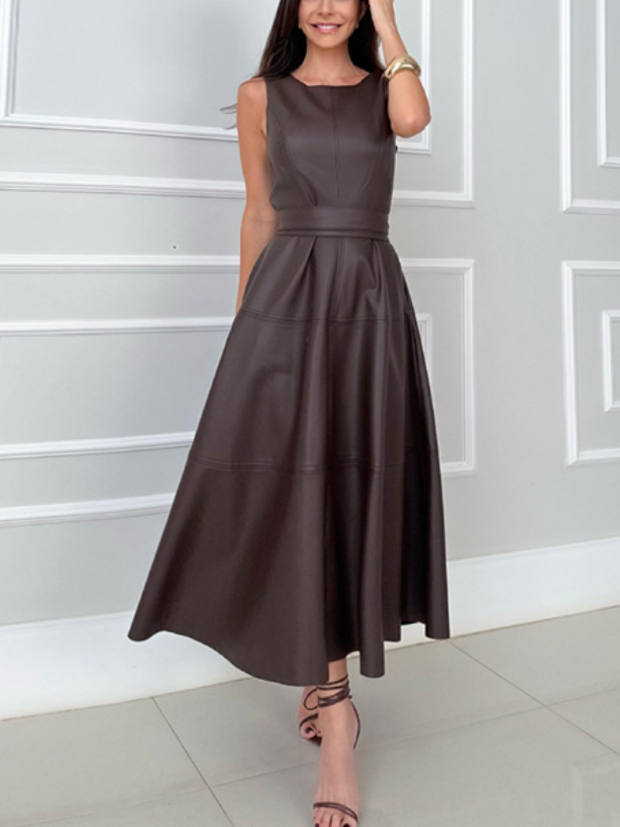 Sleeveless Faux Leather Waist-Cinch Midi Dress