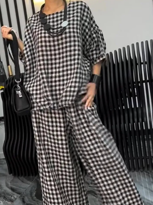 Ladies Round Neck Plaid Casual Suit