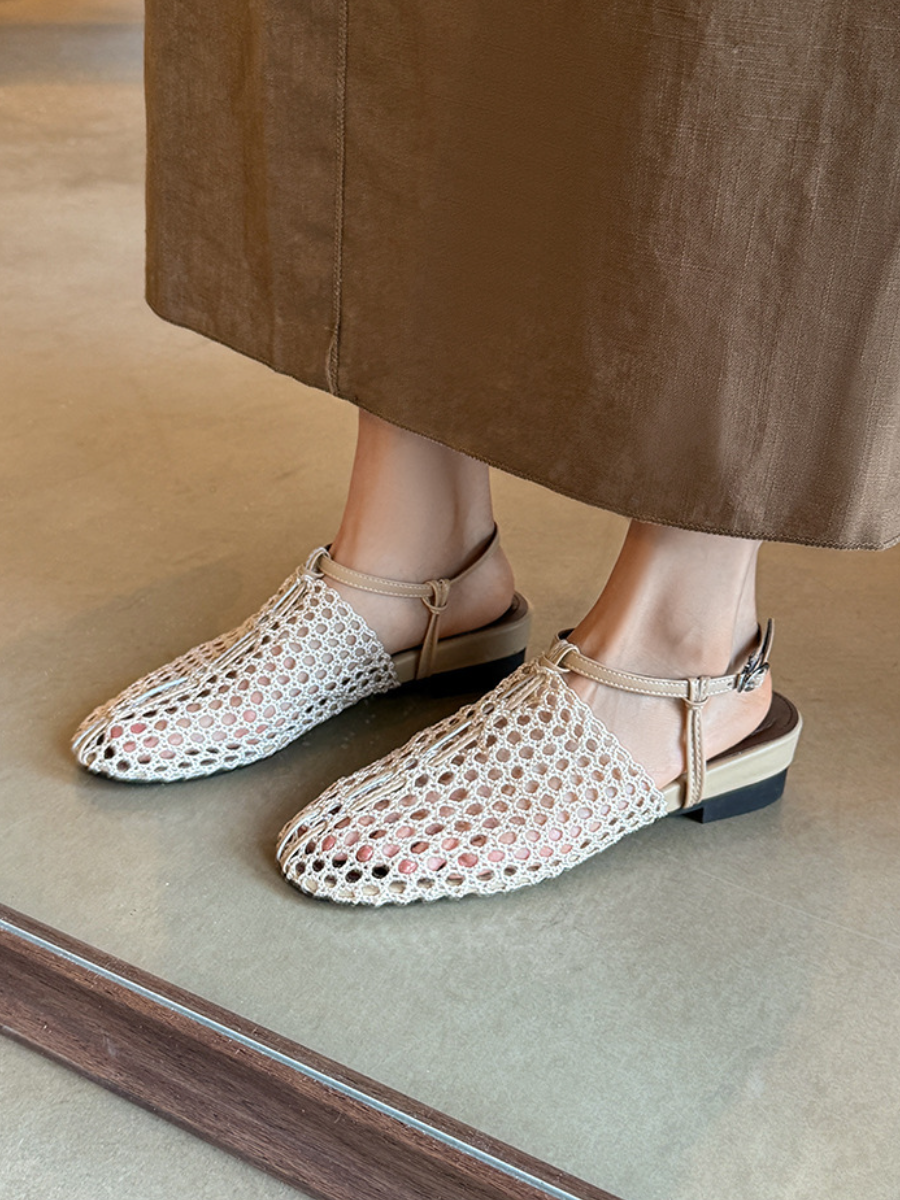 Lace Crochet Mesh Mule Sandals | Low Heel Backless Slingback Flats
