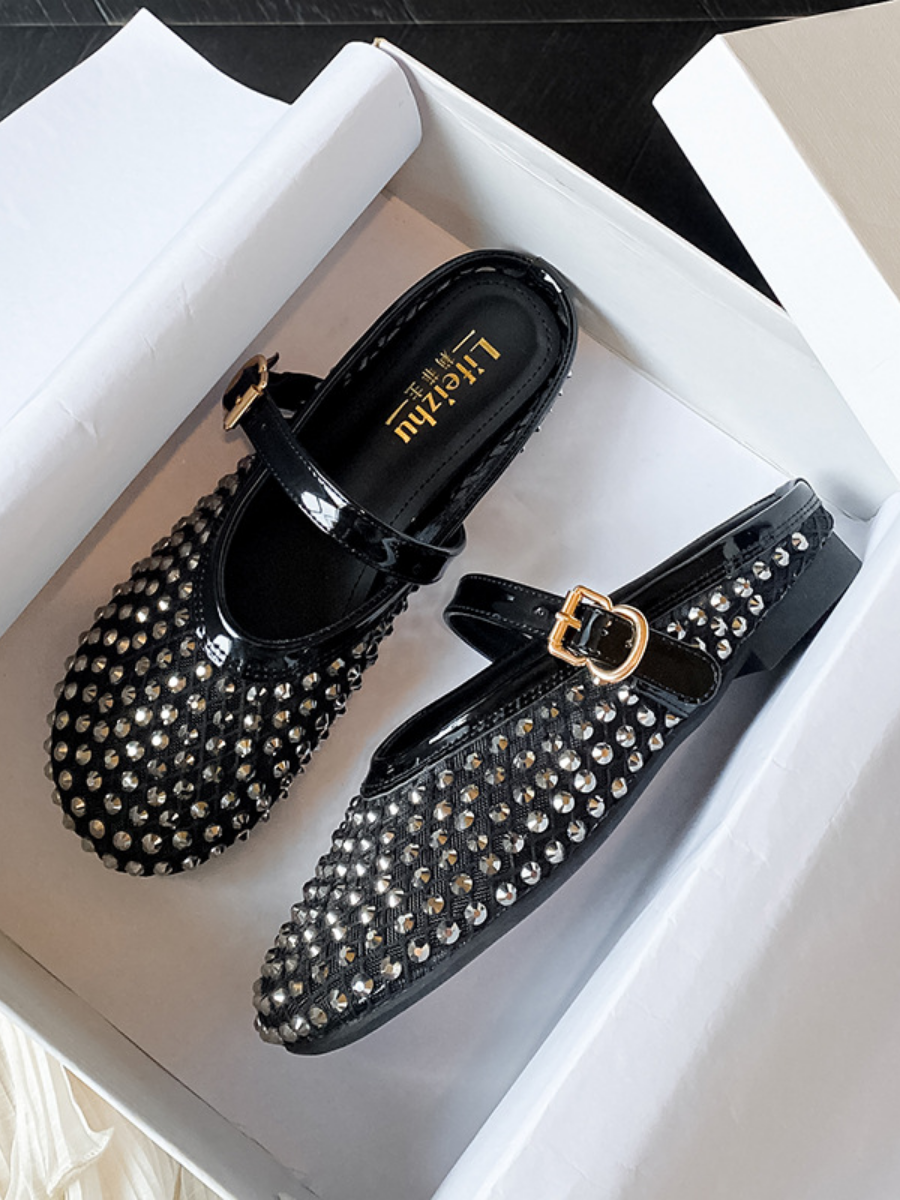 Gold Rhinestone Mesh Mary Jane Mule Flats | Breathable Slip-On Shoes for Women