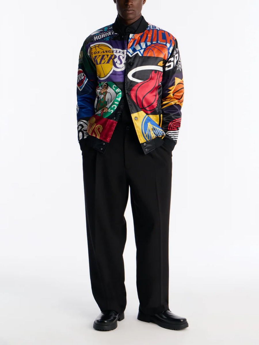 Team Patchwork Satin Bomber Jacket - Black