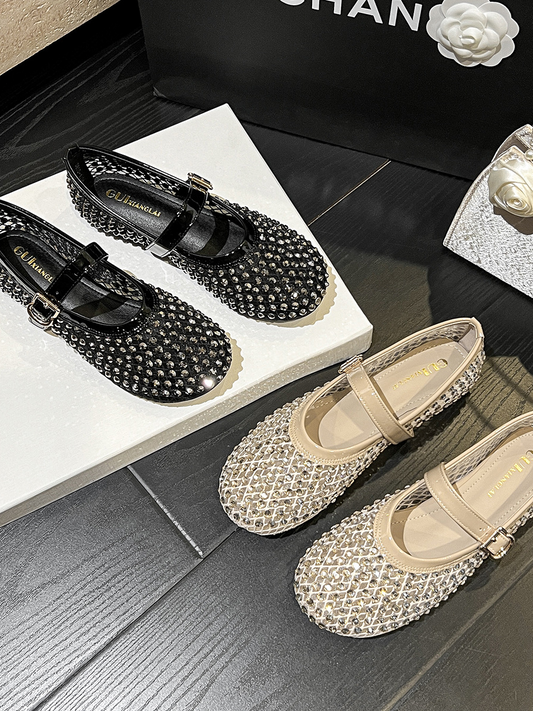 Rhinestone Mesh Mary Jane Flats for Women | Sparkly Breathable Mary Jane Shoes