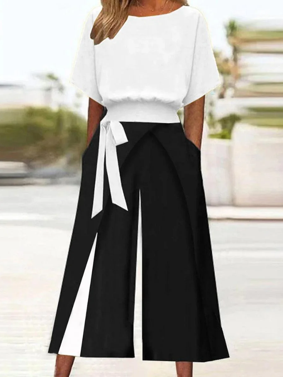 Unique Round Neck Color Block Two Piece Set