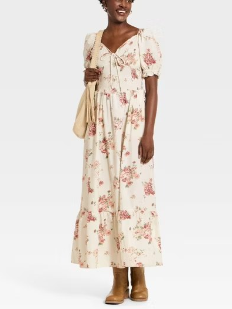 Western Puff Short Sleeve Smocked Midi A-Line Dress