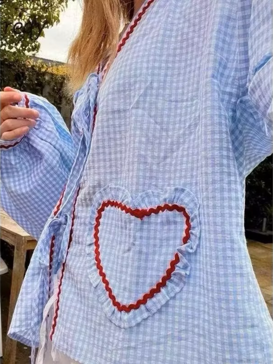 Heart Embroidered Plaid Bow-Tie Blouse
