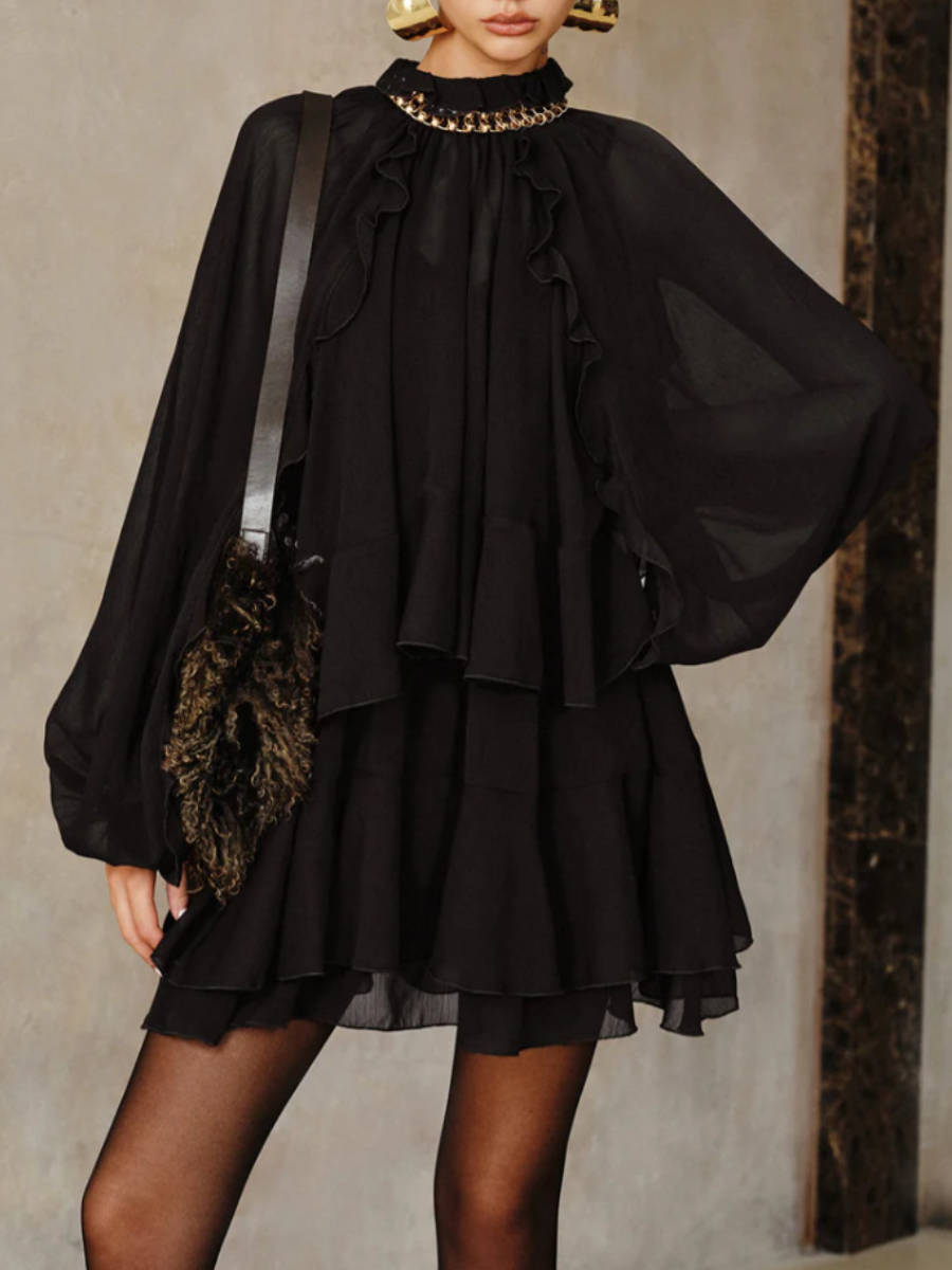 Soft Ruffle Chiffon Mini Dress with Built-In Lining