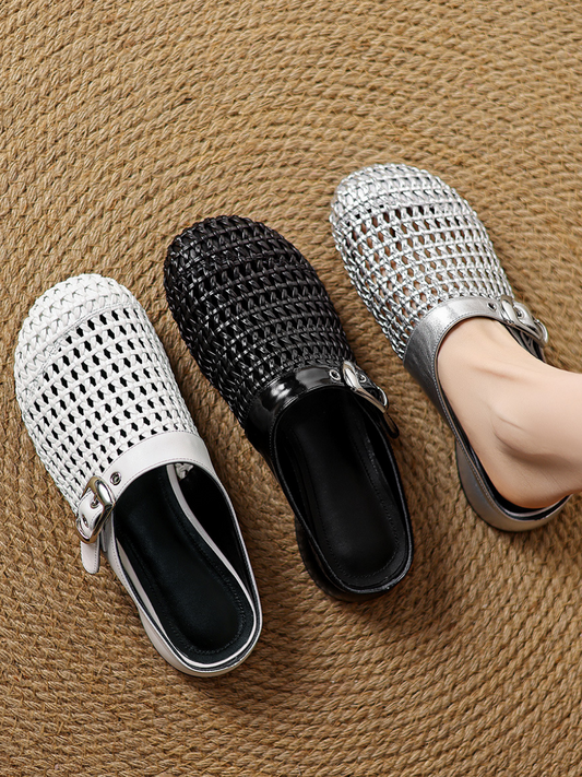 Woven Leather Buckle Mules | Breathable Low-Heel Slides for Women