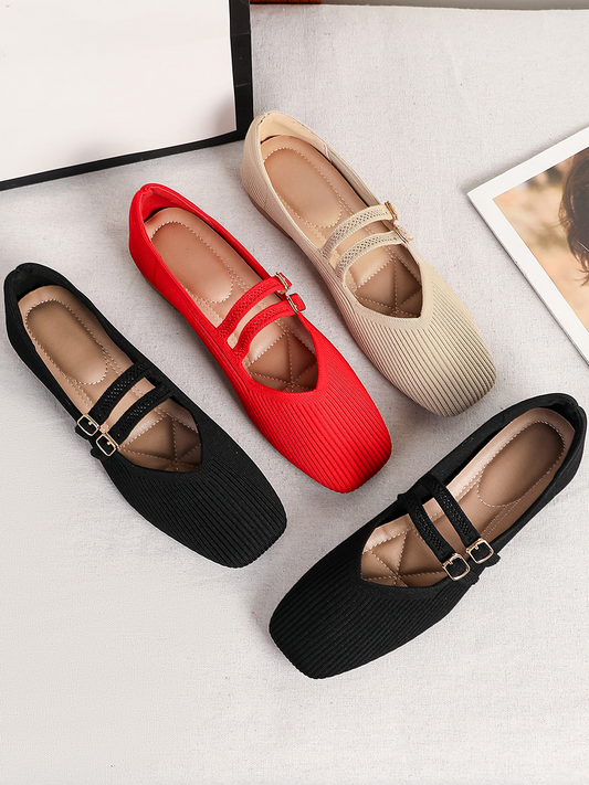 Retro Knitted Mary Jane Flats for Women | Square Toe Breathable Comfort Shoes