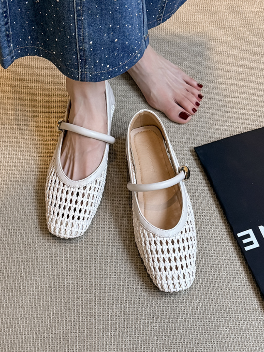 Crochet Woven Mary Jane Flats | Square Toe Breathable Ballet Flats