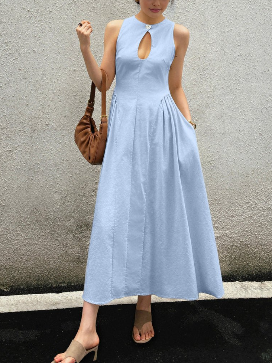 Cotton & Linen Pleated Cutout Long Dress
