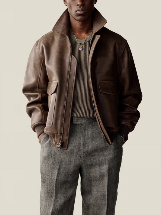 Vintage Brown Leather Bomber Jacket