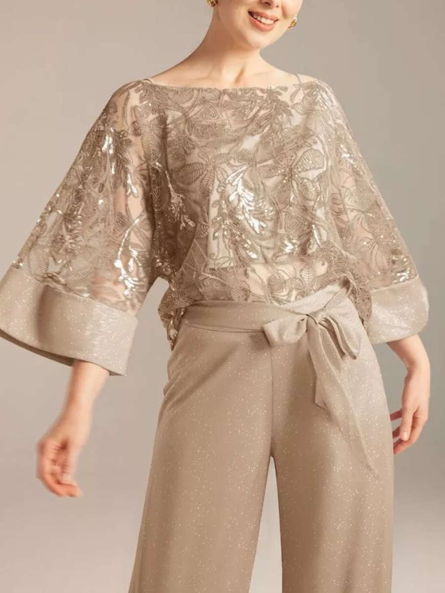Champagne Sequin Blouse & Wide-Leg Pants Set