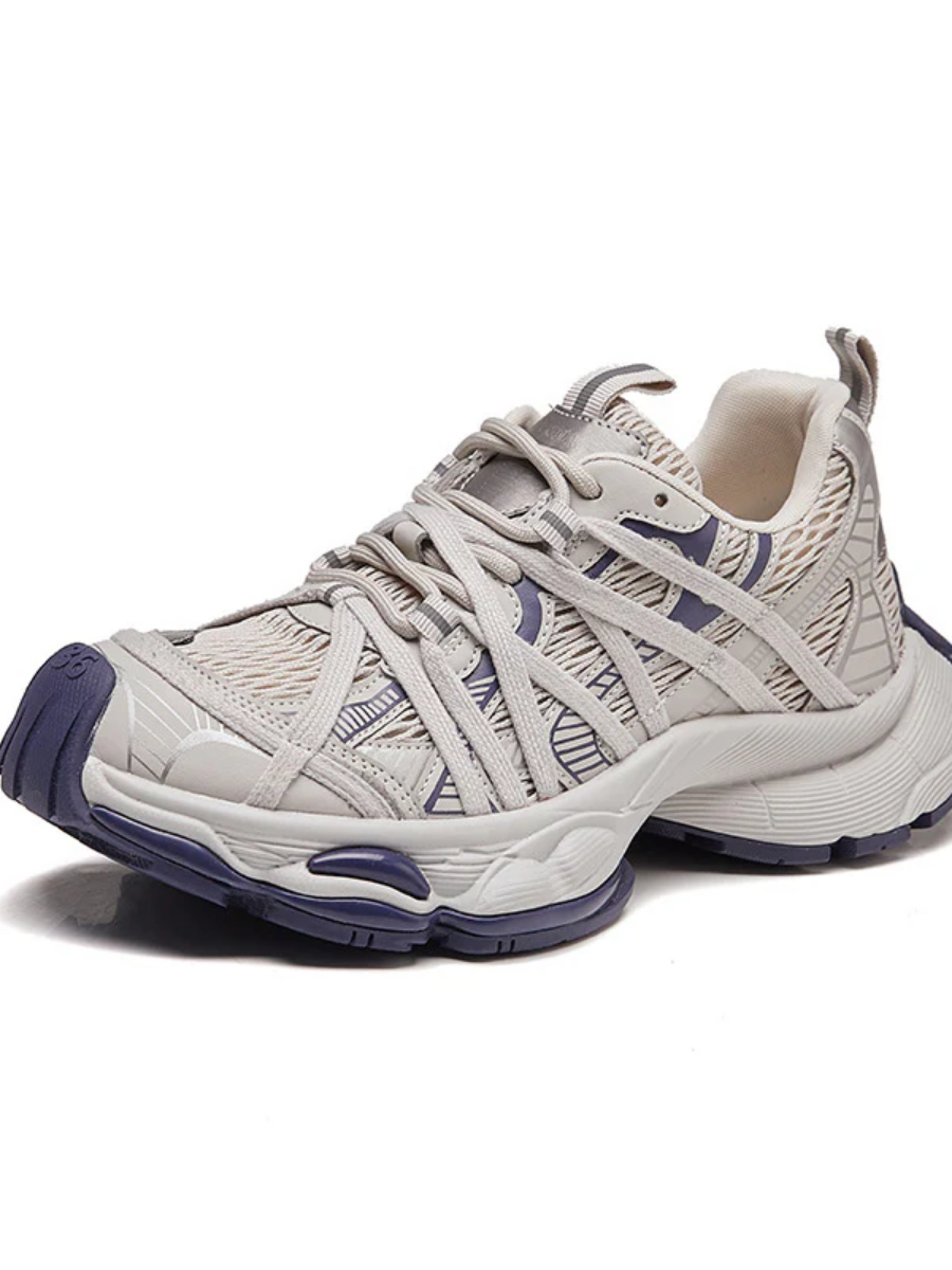 Retro Chunky Dad Sneakers for Women | Light Gray & Navy Athletic
