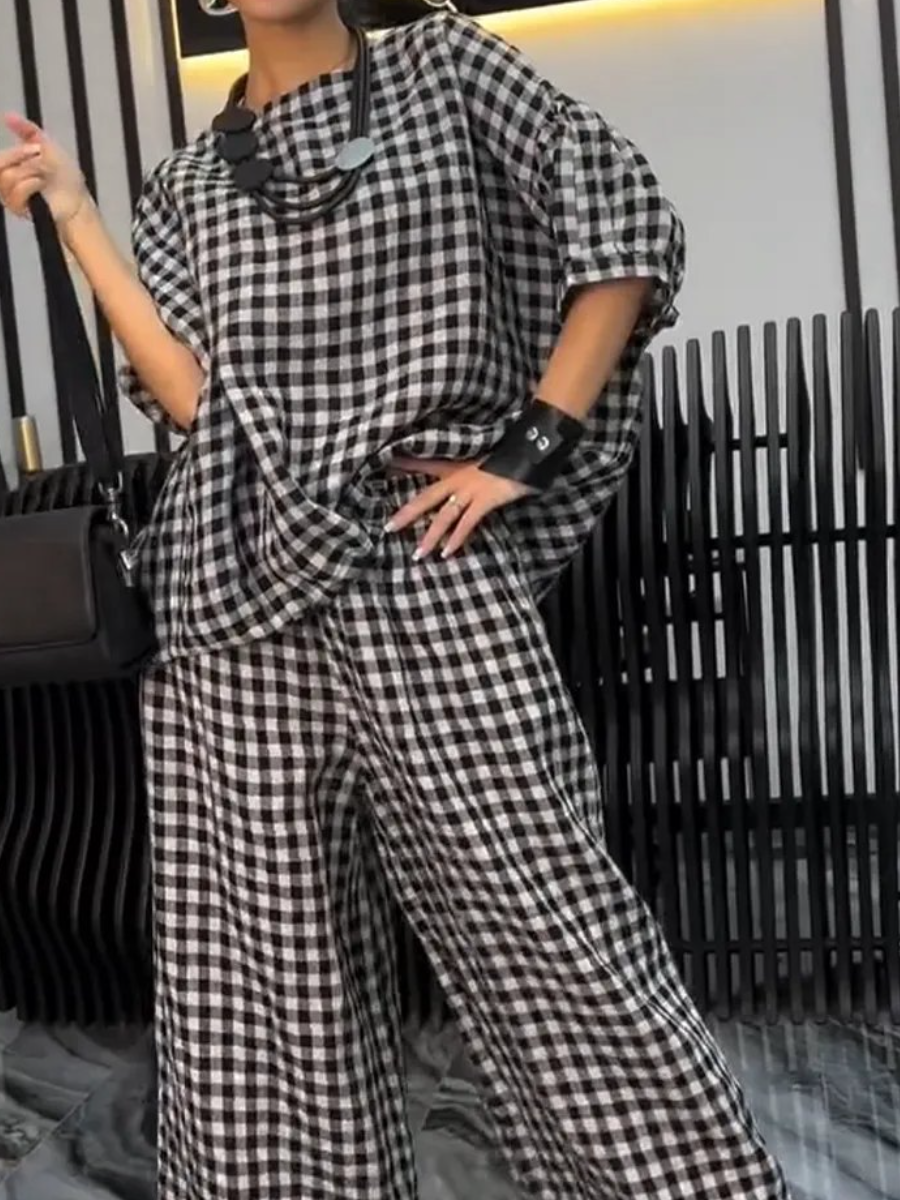 Ladies Round Neck Plaid Casual Suit
