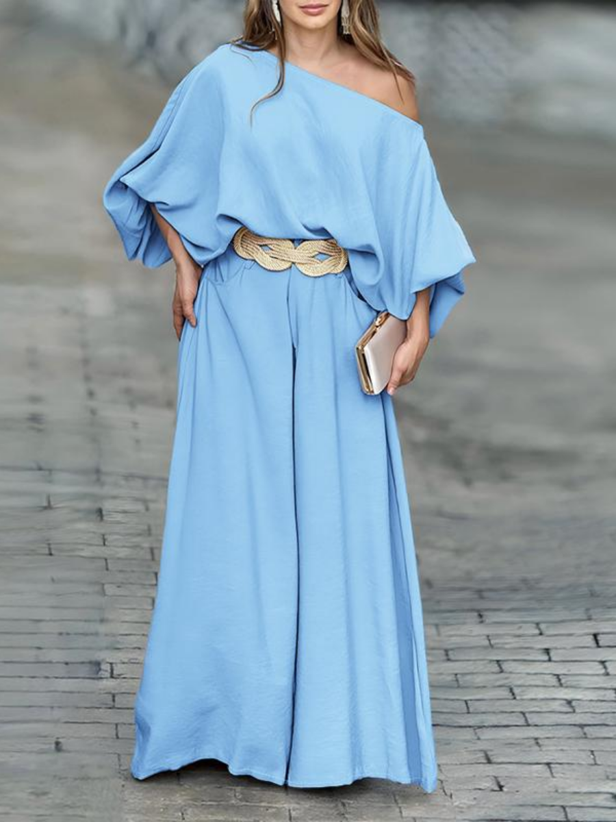 2026 Women's Skew Neck Lantern Sleeve Top & Wide Leg Pants Set