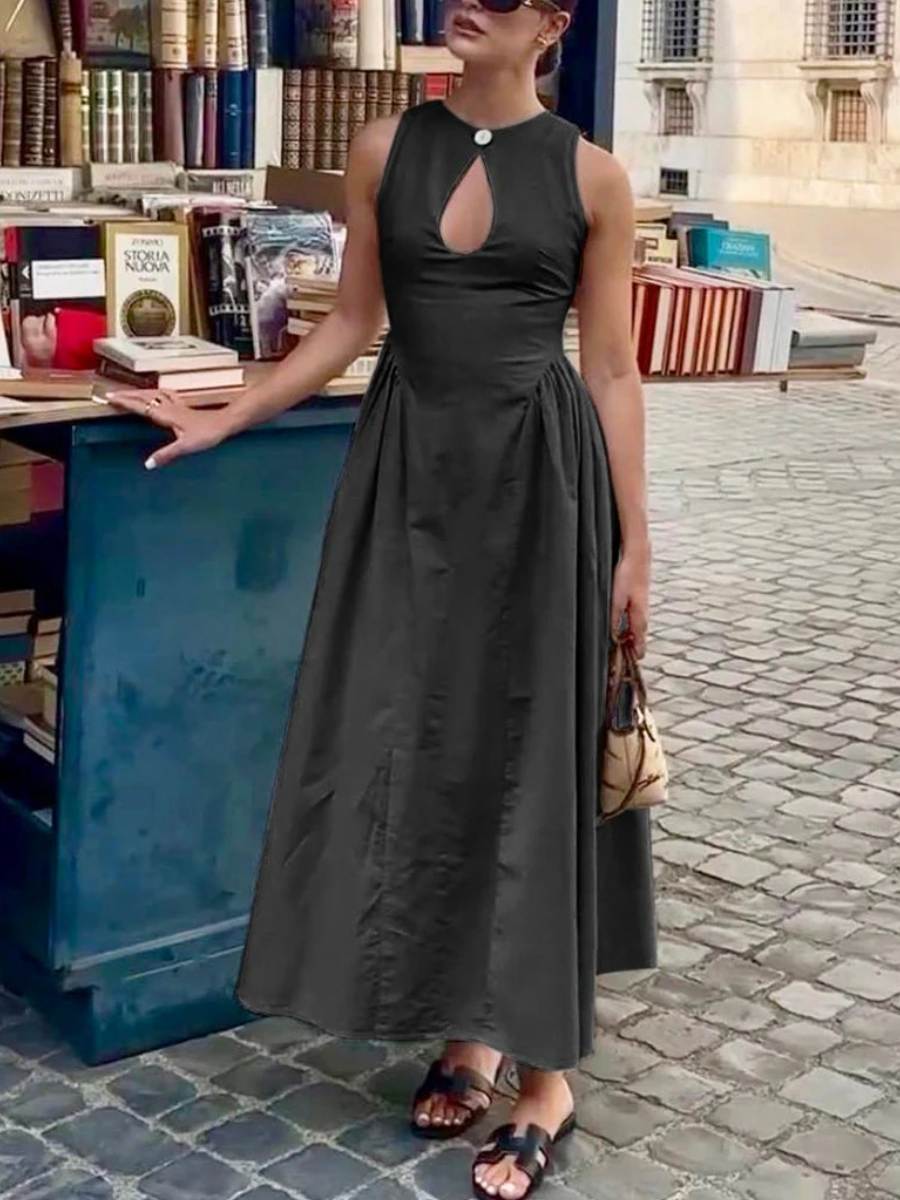 Cotton & Linen Pleated Cutout Long Dress