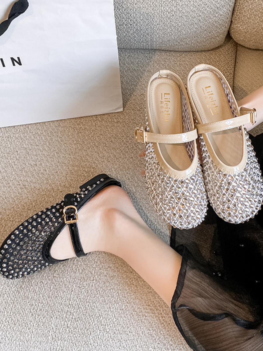 Gold Rhinestone Mesh Mary Jane Mule Flats | Breathable Slip-On Shoes for Women