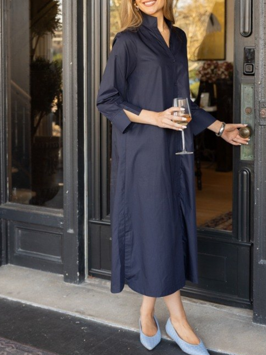 Navy Cotton Poplin Shirt Maxi Dress