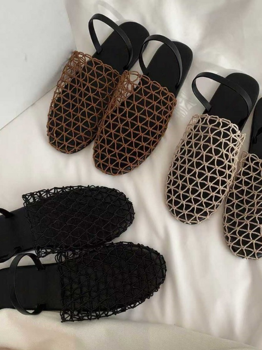 Net Mesh Backless Flat Sandals for Women | Minimalist Two-Strap Summer Shoes
