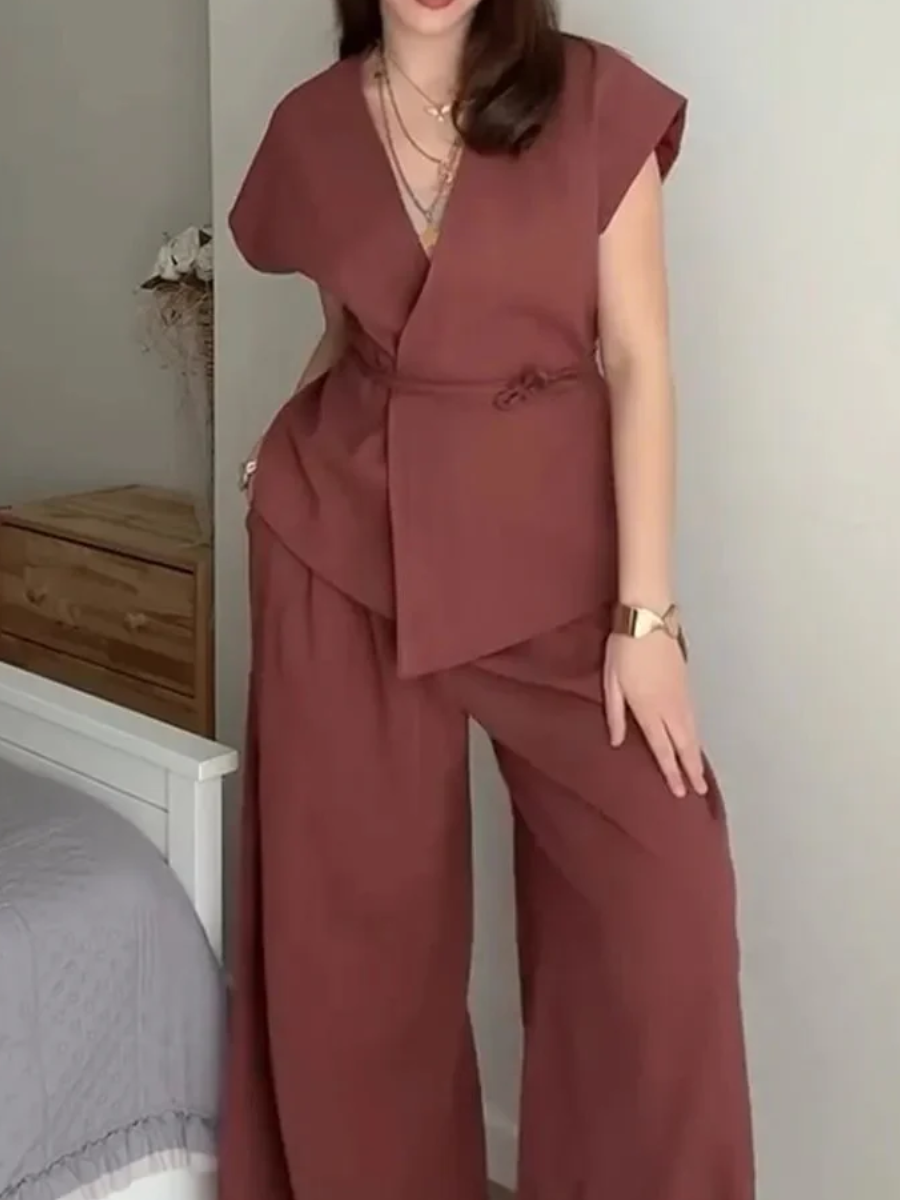 Ladies' V-neck Waist Cinched Top  Pants Casual Suit