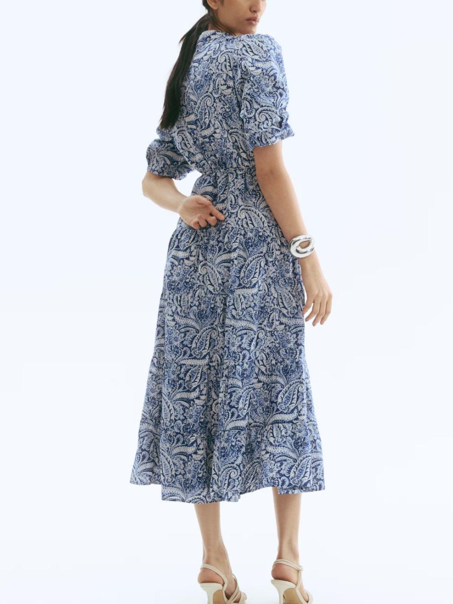 Blue Paisley Puff Sleeve Midi Dress