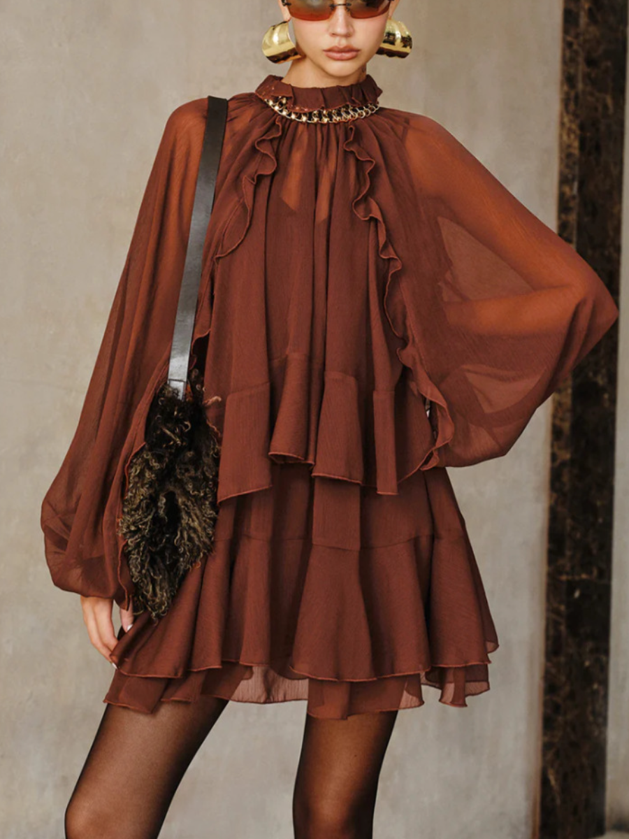 Soft Ruffle Chiffon Mini Dress with Built-In Lining