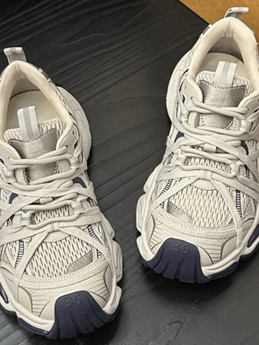 Retro Chunky Dad Sneakers for Women | Light Gray & Navy Athletic