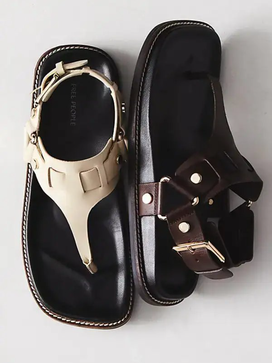 Square-Toe Leather Sandals | Thong & Buckle Strap Footwear