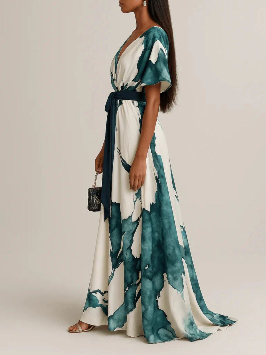 Trendy V-Neck Short Sleeve Maxi Dress