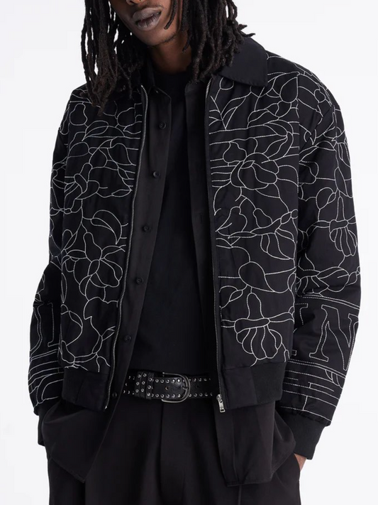 Men's Abstract Stitch Quilted Bomber Jacket - Black