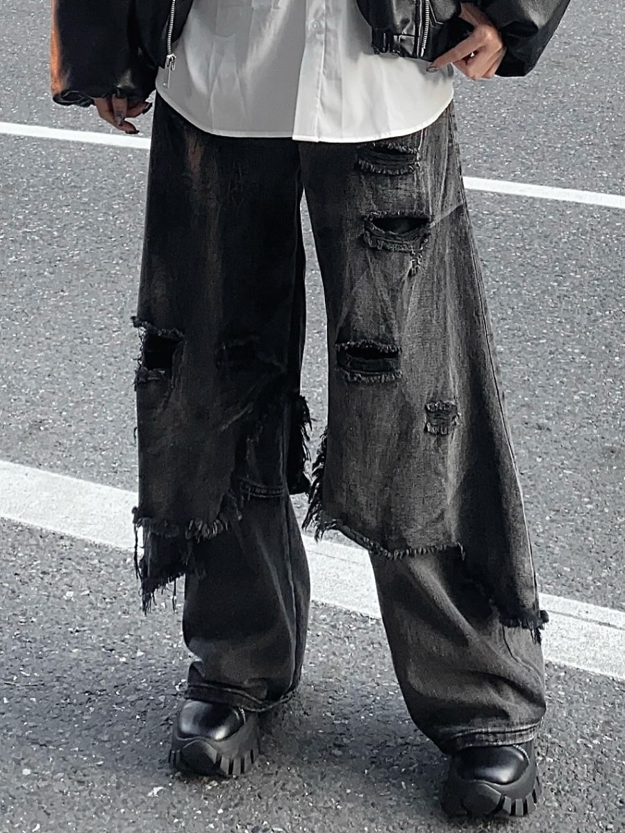 Men's Distressed Black Double-Layer Wide-Leg Jeans
