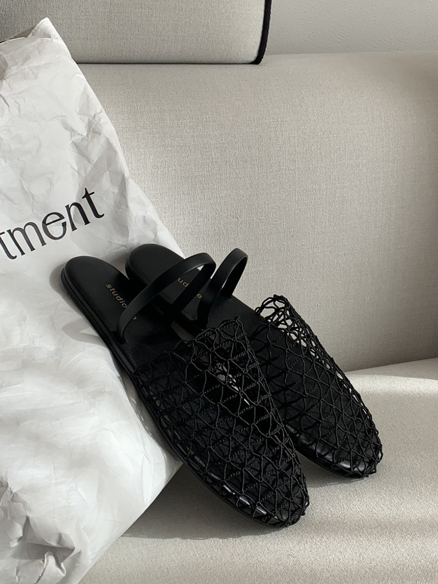 Net Mesh Backless Flat Sandals for Women | Minimalist Two-Strap Summer Shoes