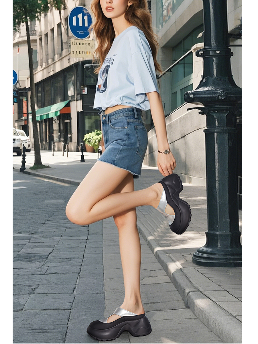 Chunky Platform Slide Sandals | Black Silver Casual Mule Clogs