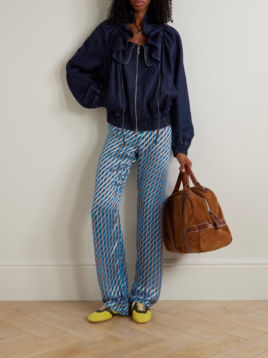 Ruffled Dark Denim Zip-Up Bomber Jacket