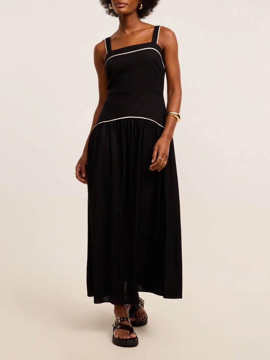 Black Viscose Dress With Square Neckline