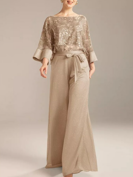 Champagne Sequin Blouse & Wide-Leg Pants Set