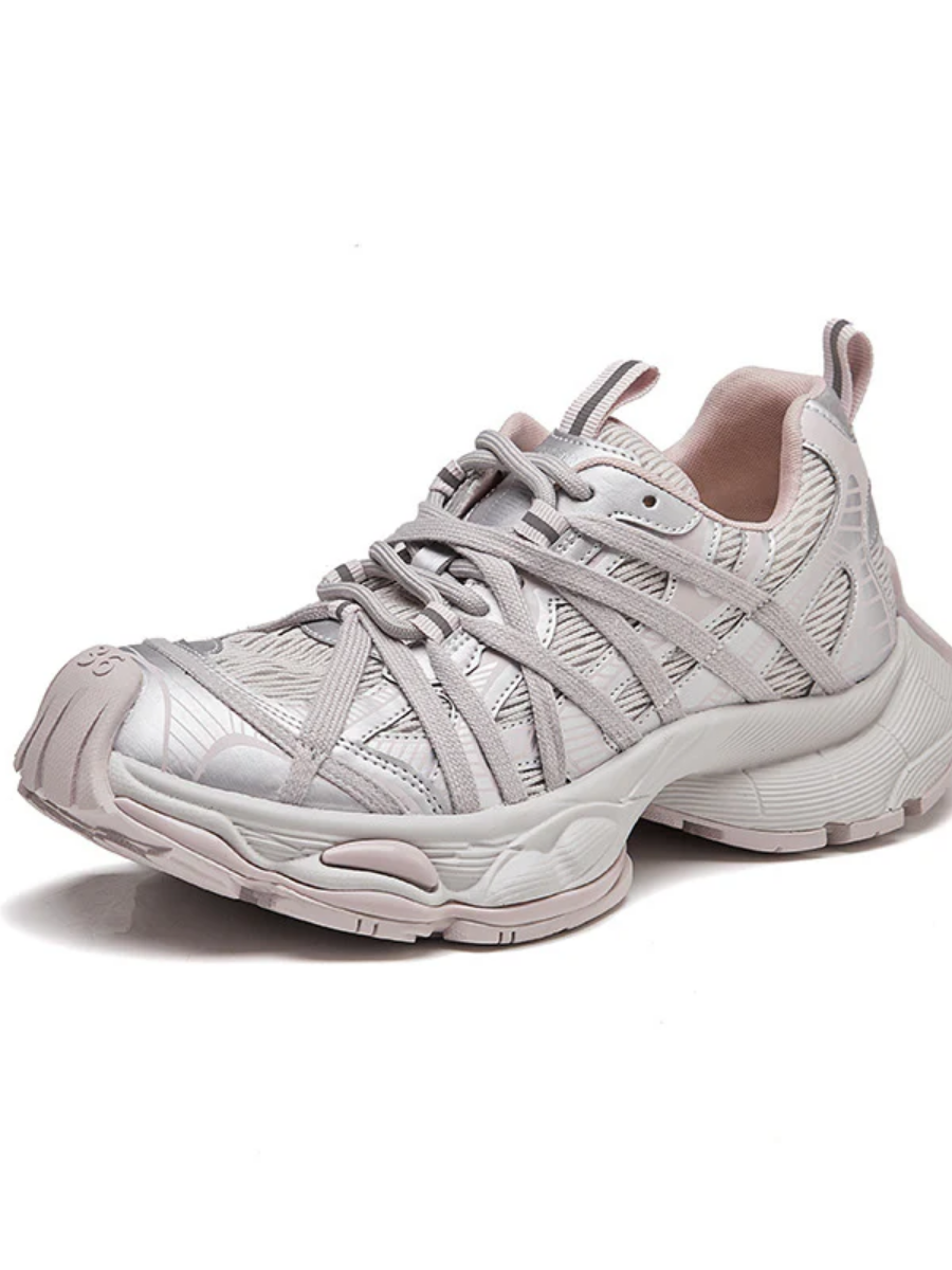 Retro Chunky Dad Sneakers for Women | Light Gray & Navy Athletic
