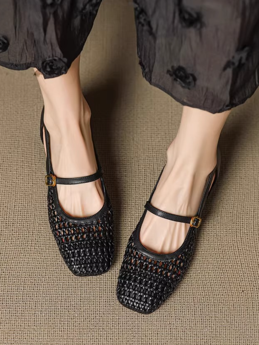 Woven Mesh Square Toe Mary Jane Block Heels | Cream Retro Comfort Pumps