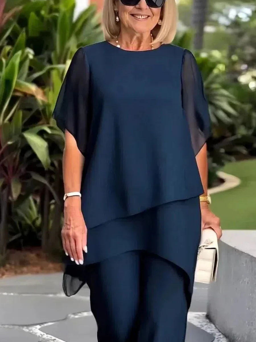 Navy Plain Round Neck Short Sleeve Two Piece Set