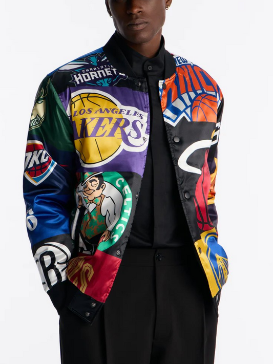 Team Patchwork Satin Bomber Jacket - Black