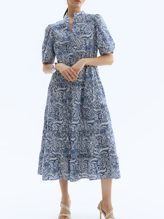 Blue Paisley Puff Sleeve Midi Dress
