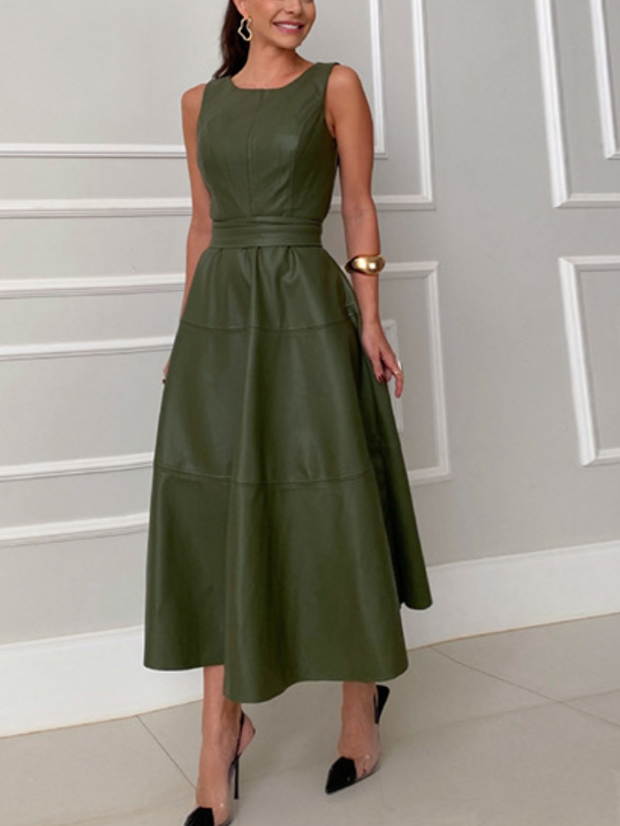 Sleeveless Faux Leather Waist-Cinch Midi Dress